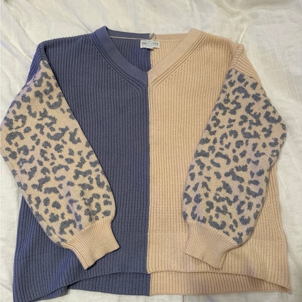 Two-Tone Leopard Sleeve Sweater